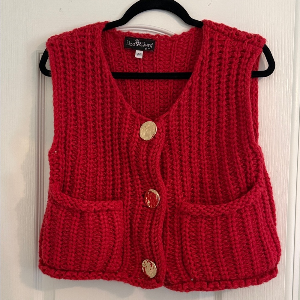 Liza Byrd Cropped Red Knit Cardigan Vest